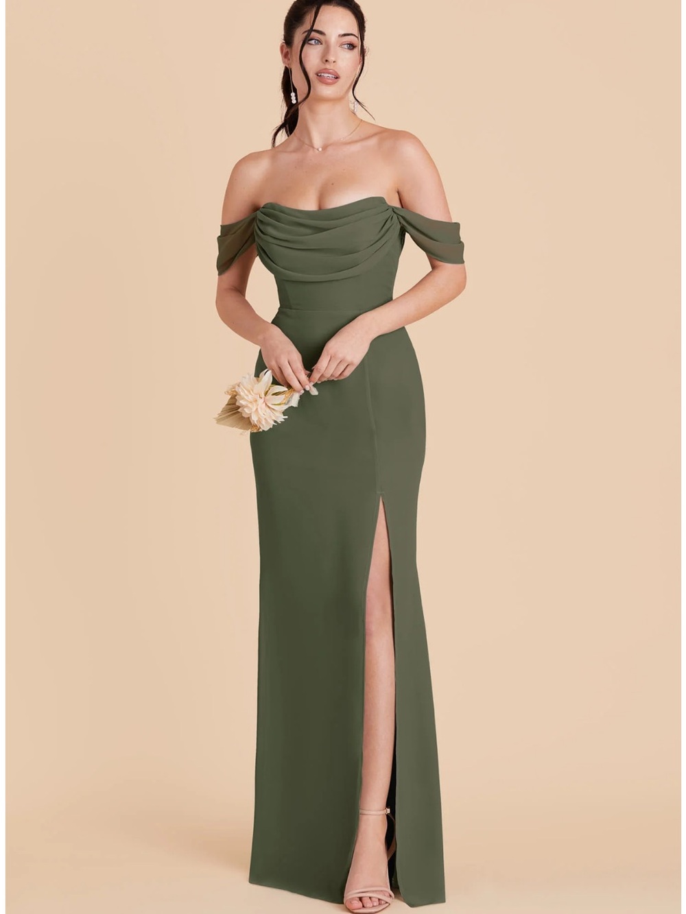 Birdy Grey Olive Green Off-Shoulder Maxi Dress with Side Slit